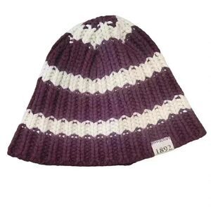 1892 Unisex Maroon/White Striped Cotton/Nylon/Wool Knit Beanie with Logo Patch